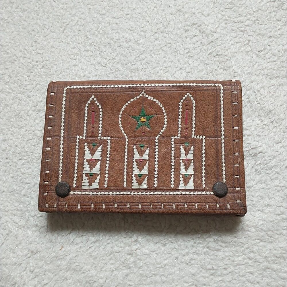 New Artisan Made in Morocco Leather Clutch Bag Wallet Brown Snap Button Ethnic